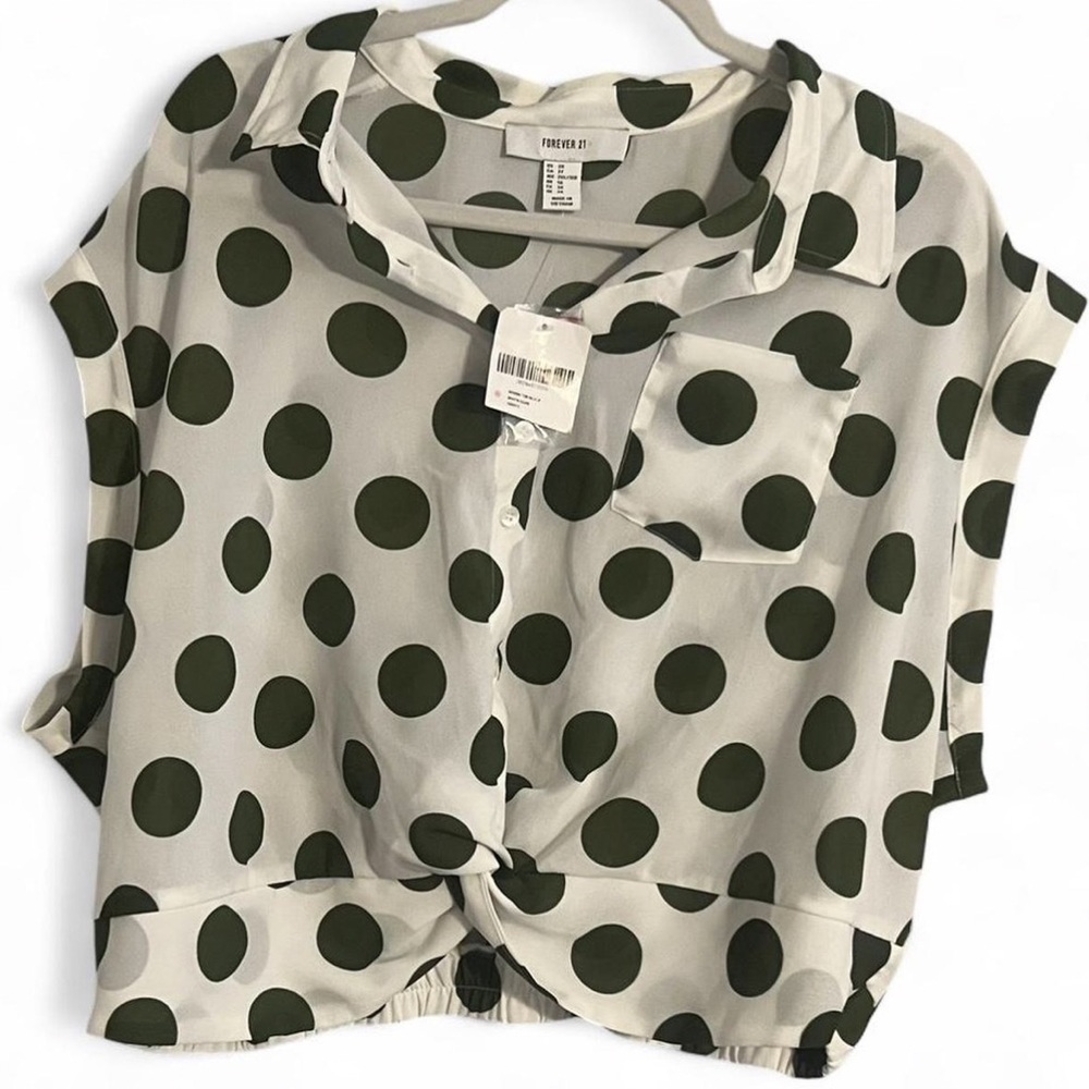 Green Polka Dot Chiffon Crop Knot Blouse